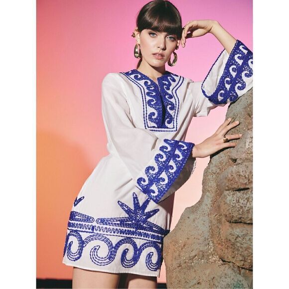 Lace The Label white and blue Embroidered Mini Dress NWOT $490 size S - Picture 1 of 7
